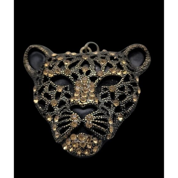 Leopard Panther Pendant Black Metal Gold Tone Texture & Rhinestones Stunning - Picture 7 of 13